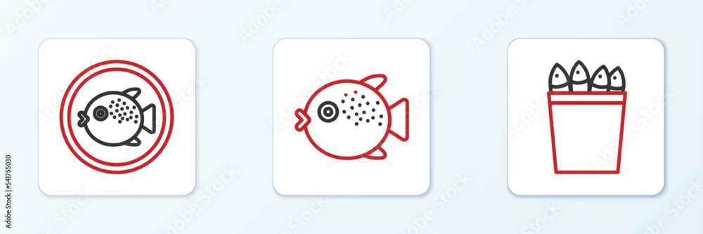 Set line Fishing bucket with fishes, Puffer on a plate and icon. Vector Set line Fishing bucket with fishes, Puffer on a plate and icon. Vector