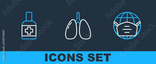 Set line Earth with medical mask, Liquid antibacterial soap and Lungs icon. Vector