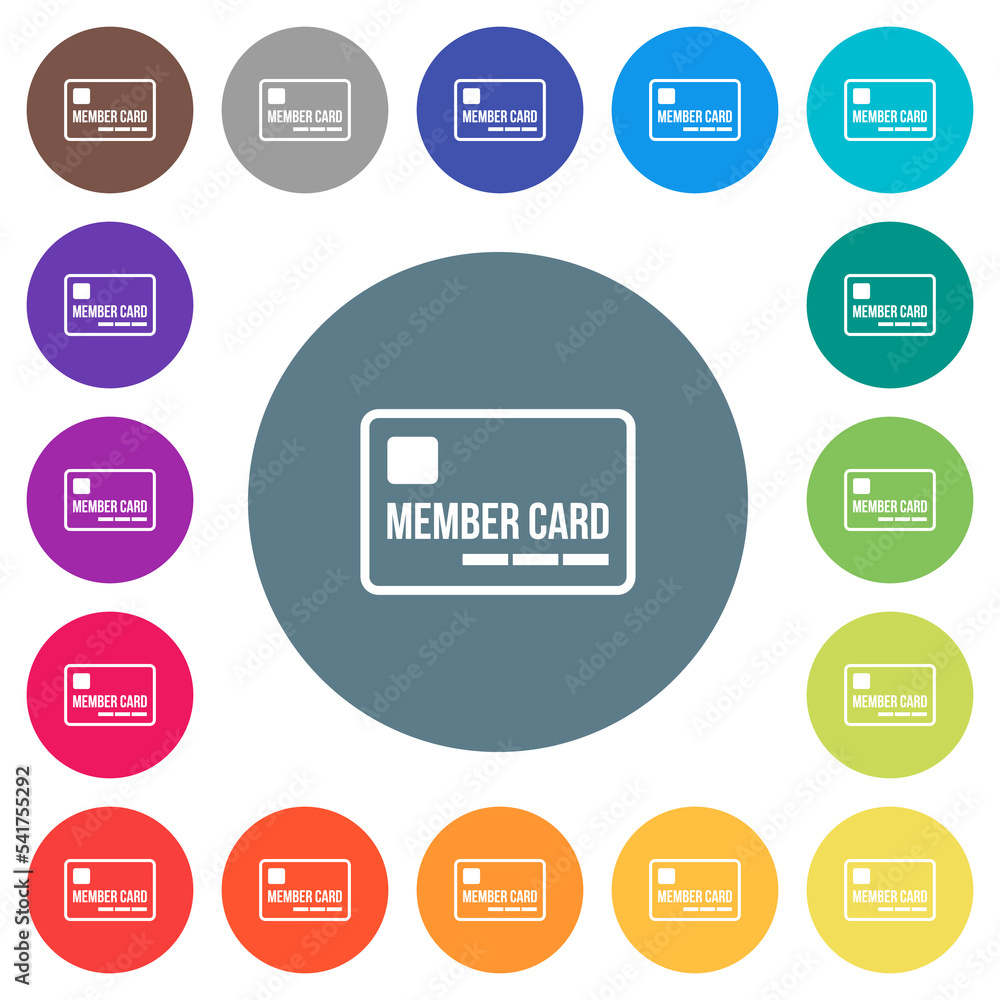 Member card outline flat white icons on round color backgrounds