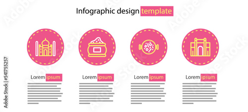 Set line Chicken tikka masala, India Gate in Delhi, Indian spice and Taj Mahal icon. Vector