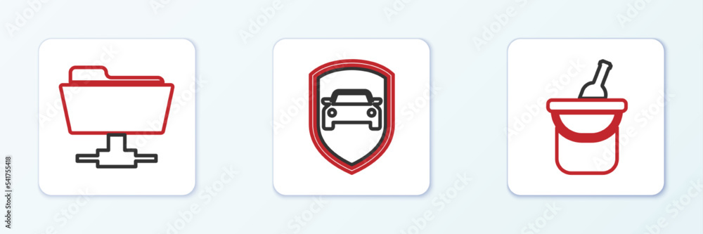 Set line Bottle of wine in bucket, FTP folder and Car protection or insurance icon. Vector Set line Bottle of wine in bucket, FTP folder and Car protection or insurance icon. Vector