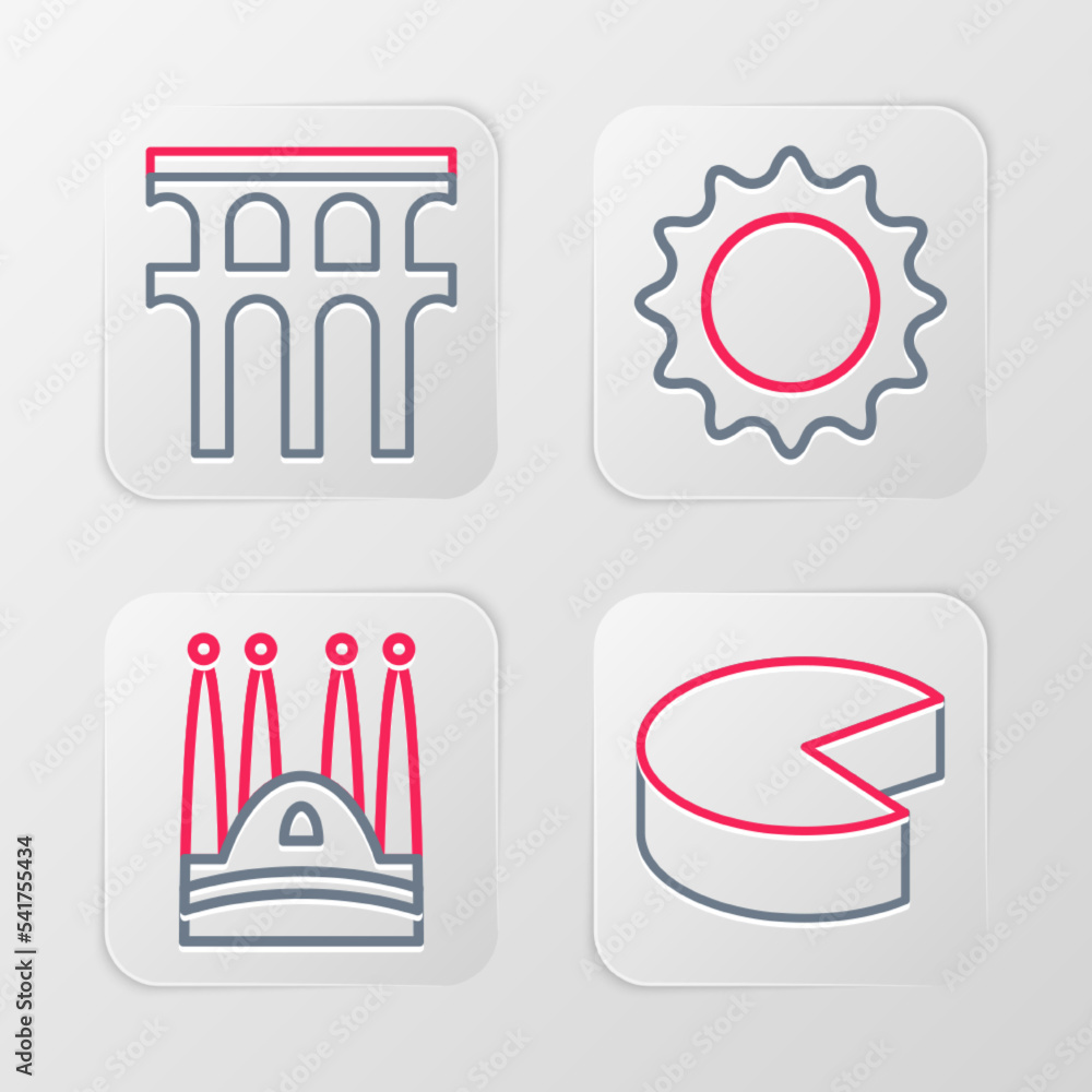 Set line Cheese, Sagrada Familia, Sun and Aqueduct of Segovia icon. Vector Set line Cheese, Sagrada Familia, Sun and Aqueduct of Segovia icon. Vector