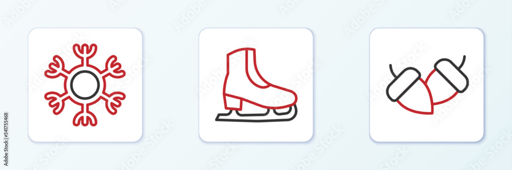 Set line Acorn, Snowflake and Skates icon. Vector Set line Acorn, Snowflake and Skates icon. Vector