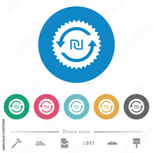New Shekel pay back guarantee sticker flat round icons