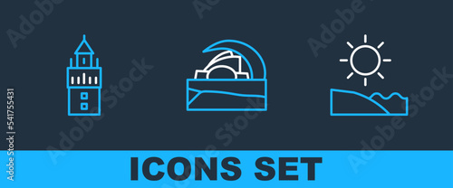 Set line Beach, Giralda and Concert hall de Tenerife icon. Vector