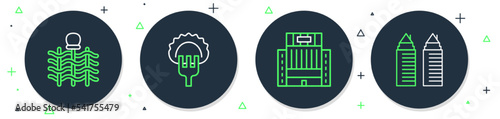 Set line Dumplings on fork, Hotel Ukraina building, Wicker fence and Two towers Dnipro icon. Vector