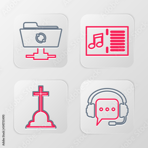 Set line Headphones with speech bubble, Tombstone cross, Music book note and FTP sync refresh icon. Vector