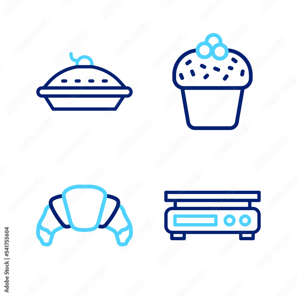 Set line Electronic scales, Croissant, Cake and Homemade pie icon. Vector Set line Electronic scales, Croissant, Cake and Homemade pie icon. Vector