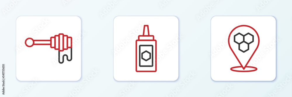Set line Honeycomb bee location, dipper stick with honey and Jar of icon. Vector Set line Honeycomb bee location, dipper stick with honey and Jar of icon. Vector