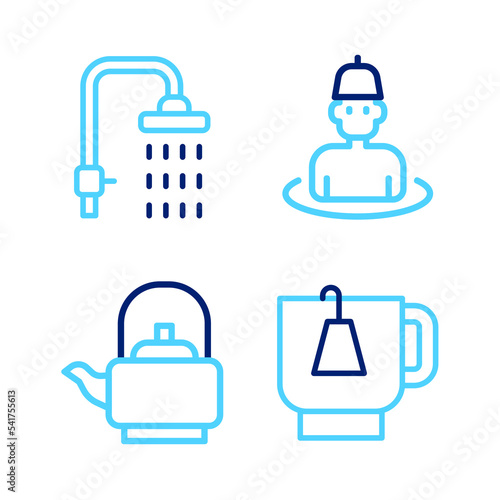 Set line Cup of tea with tea bag, Kettle handle, Man in the sauna and Shower icon. Vector