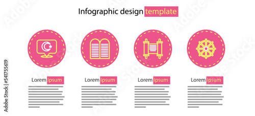 Set line Decree, paper, parchment, scroll, Dharma wheel, The commandments and Star crescent icon. Vector