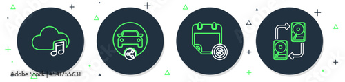 Set line Car sharing, Financial calendar, Music streaming service and Data exchange with hhd icon. Vector