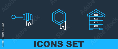 Set line Hive for bees, Honey dipper stick with honey and Honeycomb icon. Vector