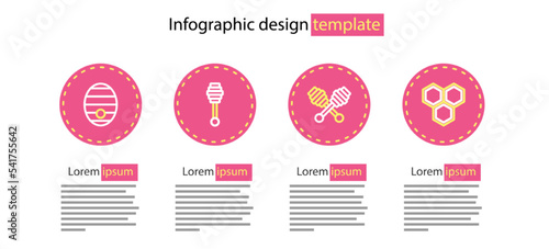Set line Honey dipper stick, Honeycomb, and Hive for bees icon. Vector