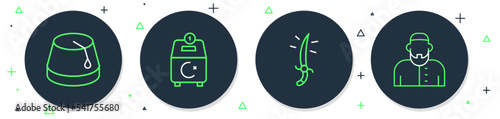 Set line Donate or pay your zakat, Arabian saber, Turkish hat and Muslim man icon. Vector