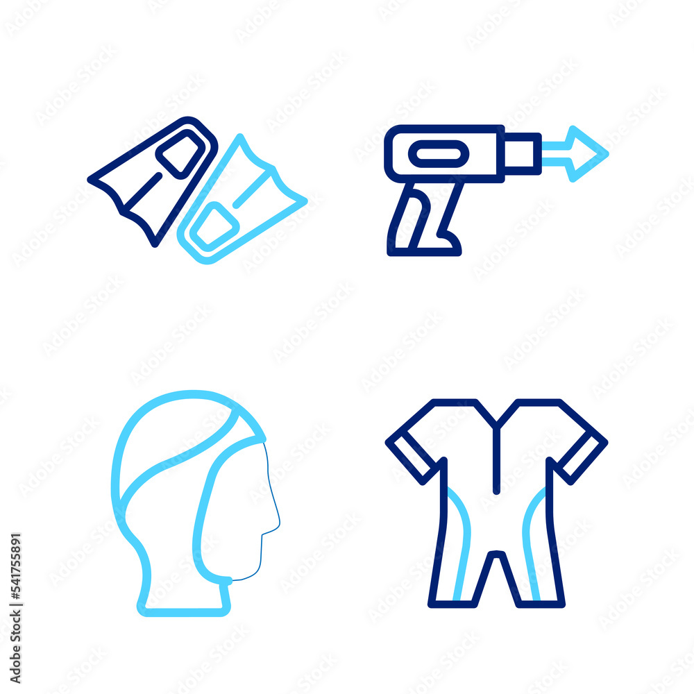 Set line Wetsuit for scuba diving, Diving hood, Fishing harpoon and Flippers swimming icon. Vector