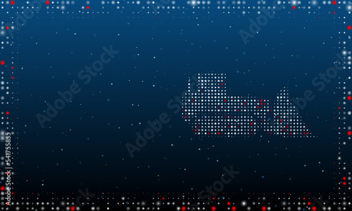 On the right is the bulldozer symbol filled with white dots. Pointillism style. Abstract futuristic frame of dots and circles. Some dots is red. Vector illustration on blue background with stars