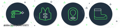 Set line Life jacket, Fishing harpoon and Boots icon. Vector
