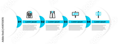 Set line Peace, Jeans wide and Hippie girl icon. Vector
