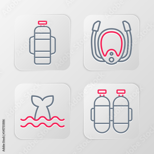 Set line Aqualung, Whale tail, Diving mask with snorkel and icon. Vector