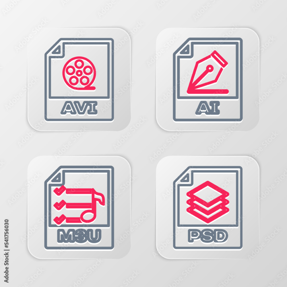 Fototapeta premium Set line PSD file document, M3U, AI and AVI icon. Vector
