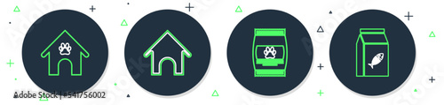 Set line Dog house, Bag of food for pet, and paw print and cat icon. Vector