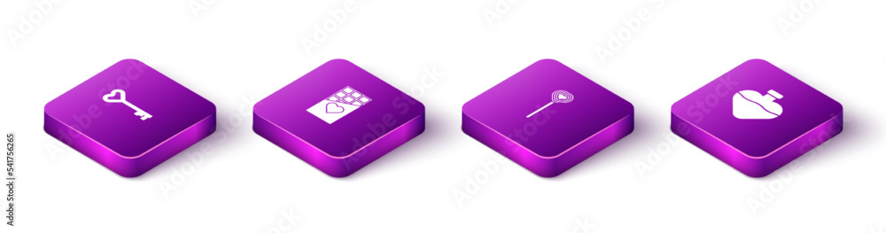 Set Isometric Key in heart shape, Chocolate bar, Lollipop and Bottle with love potion icon. Vector Set Isometric Key in heart shape, Chocolate bar, Lollipop and Bottle with love potion icon. Vector