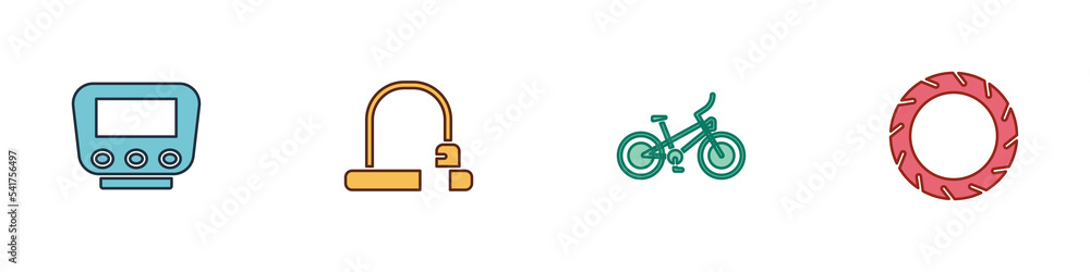 Set Bicycle speedometer, lock, and wheel tire icon. Vector Set Bicycle speedometer, lock, and wheel tire icon. Vector
