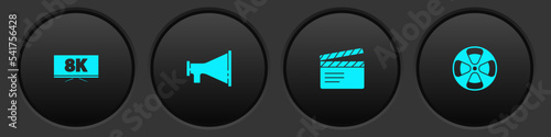 Set Screen tv with 8k, Megaphone, Movie clapper and Film reel icon. Vector