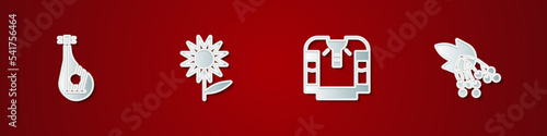 Set Bandura, Sunflower, Embroidered shirt and Branch viburnum icon. Vector
