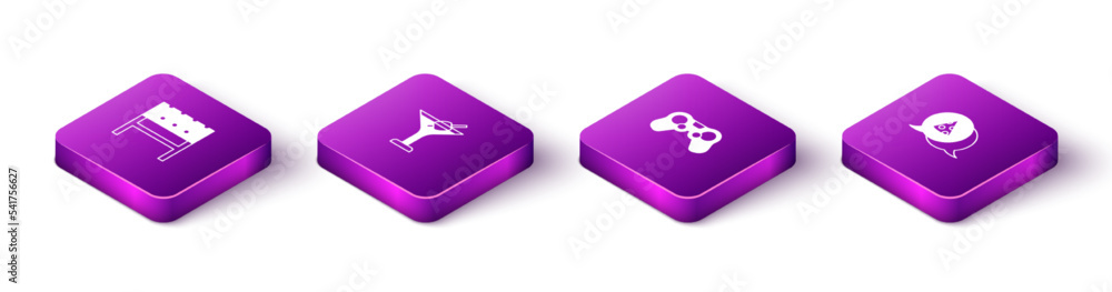 Set Isometric BBQ brazier, Martini glass, Gamepad and Slice of pizza icon. Vector Set Isometric BBQ brazier, Martini glass, Gamepad and Slice of pizza icon. Vector