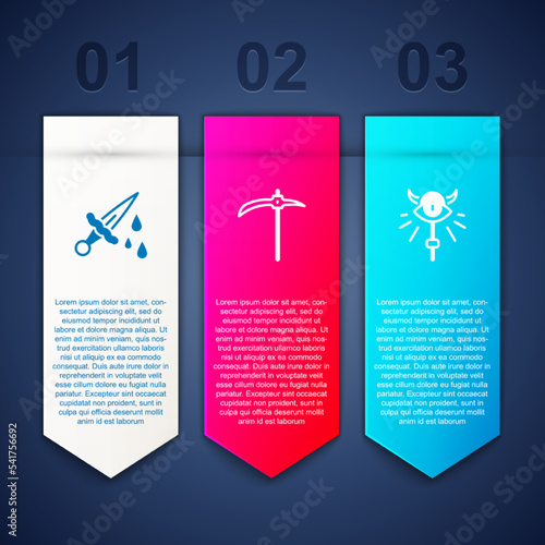 Set Sword with blood, Pickaxe and Magic staff. Business infographic template. Vector