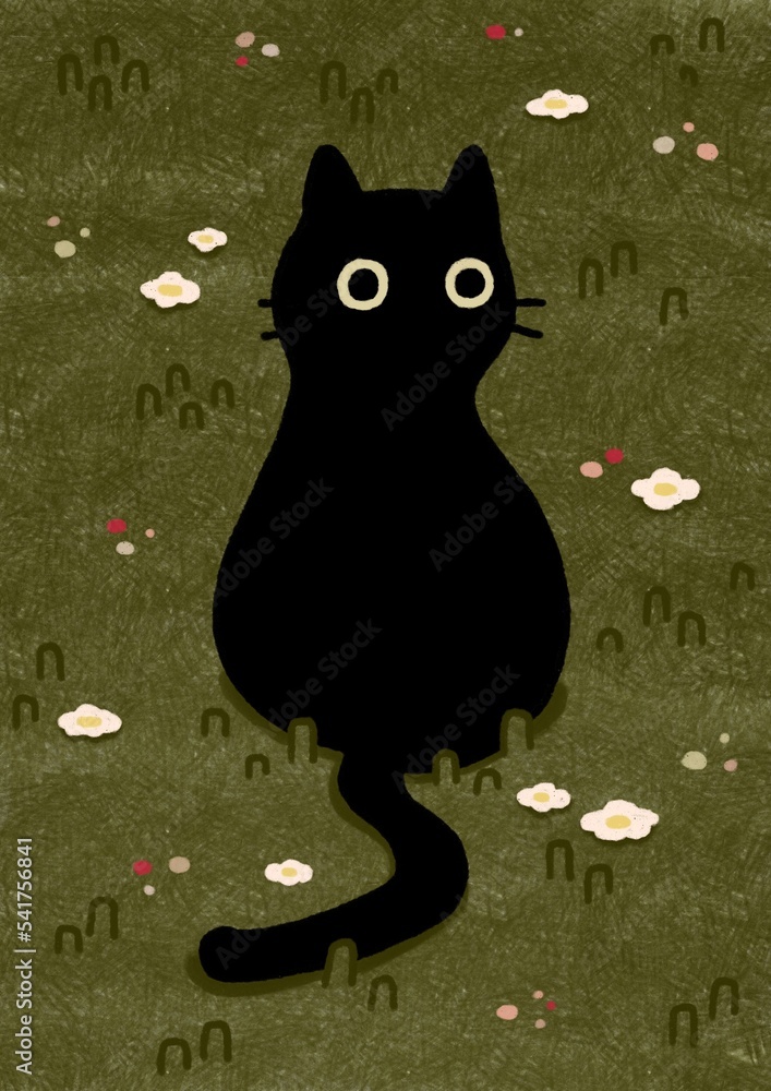 black cat sit in the garden illustration Stock イラスト | Adobe Stock