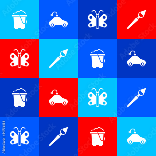 Set Sand in bucket, Radio controlled car toy, Butterfly and Paint brush icon. Vector
