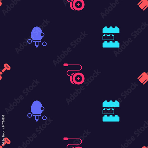 Set Toy building block bricks, Racket, Yoyo toy and Shovel on seamless pattern. Vector