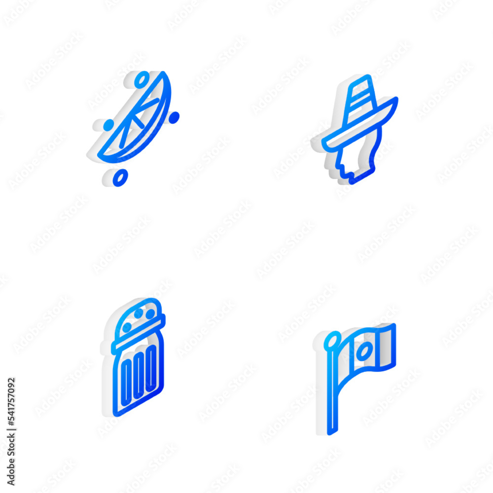 Set Isometric line Mexican man sombrero, Sliced lime, Salt and Mexico flag icon. Vector Set Isometric line Mexican man sombrero, Sliced lime, Salt and Mexico flag icon. Vector