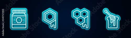 Set line Jar of honey, Honeycomb, and dipper stick with. Glowing neon icon. Vector