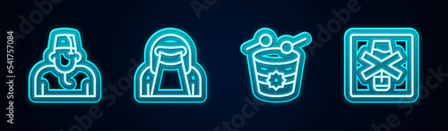 Set line Muslim man, woman in niqab, Ramadan drum and No alcohol. Glowing neon icon. Vector