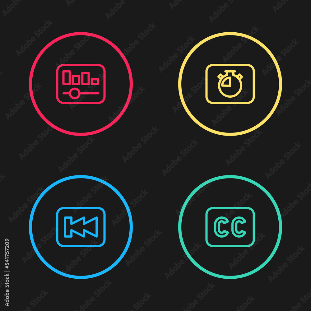 Set line Rewind button, Subtitles, Stopwatch and Music equalizer icon. Vector Set line Rewind button, Subtitles, Stopwatch and Music equalizer icon. Vector