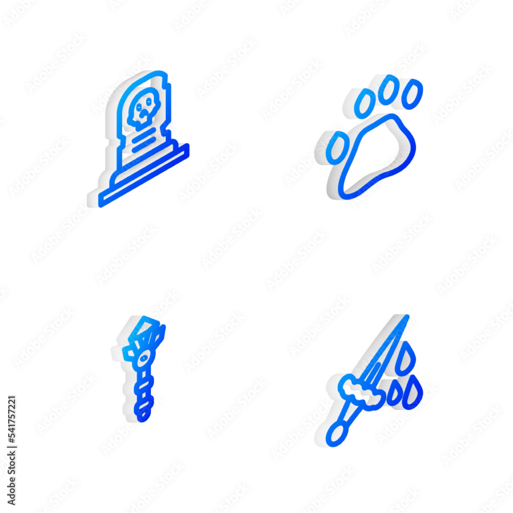 Set Isometric line Bear paw footprint, Grave with tombstone, Magic wand and Sword blood icon. Vector Set Isometric line Bear paw footprint, Grave with tombstone, Magic wand and Sword blood icon. Vector