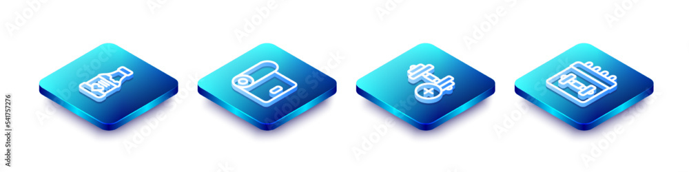 Set Isometric line Vitamins, Fitness mat roll, Dumbbell and Calendar fitness icon. Vector Set Isometric line Vitamins, Fitness mat roll, Dumbbell and Calendar fitness icon. Vector