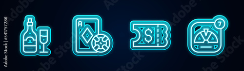 Set line Champagne bottle with glass, Casino chip and playing cards, Lottery ticket and Lucky wheel. Glowing neon icon. Vector