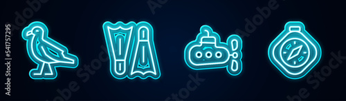 Set line Bird seagull, Flippers for swimming, Submarine and Compass. Glowing neon icon. Vector