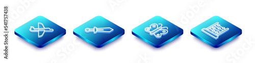 Set Isometric line Toy plane, Sword toy, Butterfly and Abacus icon. Vector