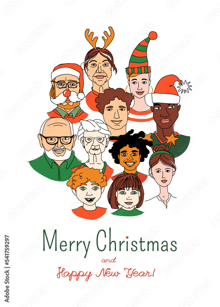 Christmas New Year Party. Young, middle age, senior women men children greeting card . Christmas New Year Party. Young, middle age, senior women men children greeting card .