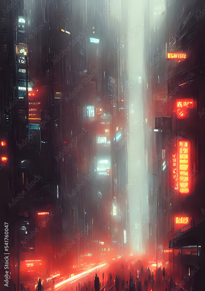 busy street view of a rainy and foggy dark futuristic city with neon lights, glowing advertising signs and skyscrapers - highly detailed - digital painting - concept art - ilustration