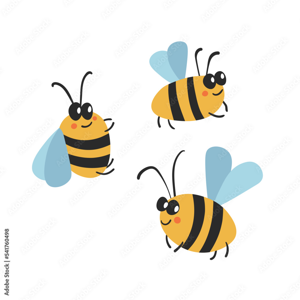 Cartoon bee mascot. A small bees flies. Wasp collection. Vector characters. Incest icon. Template design for invitation, cards. Doodle style Cartoon bee mascot. A small bees flies. Wasp collection. Vector characters. Incest icon. Template design for invitation, cards. Doodle style