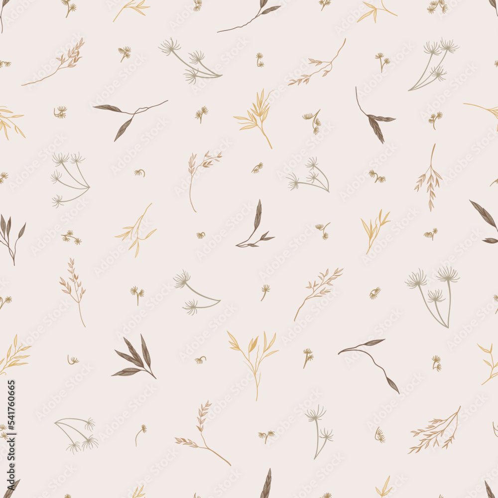Seamless pattern with many wild grass. Natural beige tones. Botanical background with small leaves. Vector illustration. Reeds, pampas grass, dried grass. Sketch. Seamless pattern with many wild grass. Natural beige tones. Botanical background with small leaves. Vector illustration. Reeds, pampas grass, dried grass. Sketch.