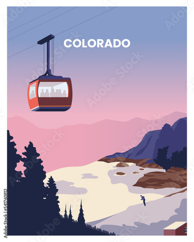 sunset in Colorado with ski lift. travel to Colorado United State. landscape background. vector illustration with minimalist style suitable for poster, postcard, art print.