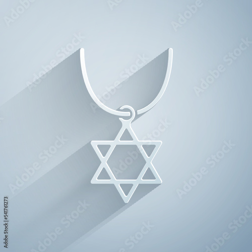 Paper cut Star of David necklace on chain icon isolated on grey background. Jewish religion symbol. Symbol of Israel. Jewellery and accessory. Paper art style. Vector